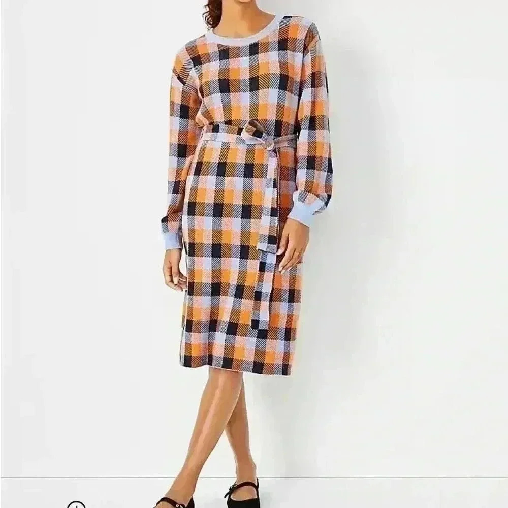 Ann Taylor Plaid Tie Waist Sweater Shift Dress M petite‎
